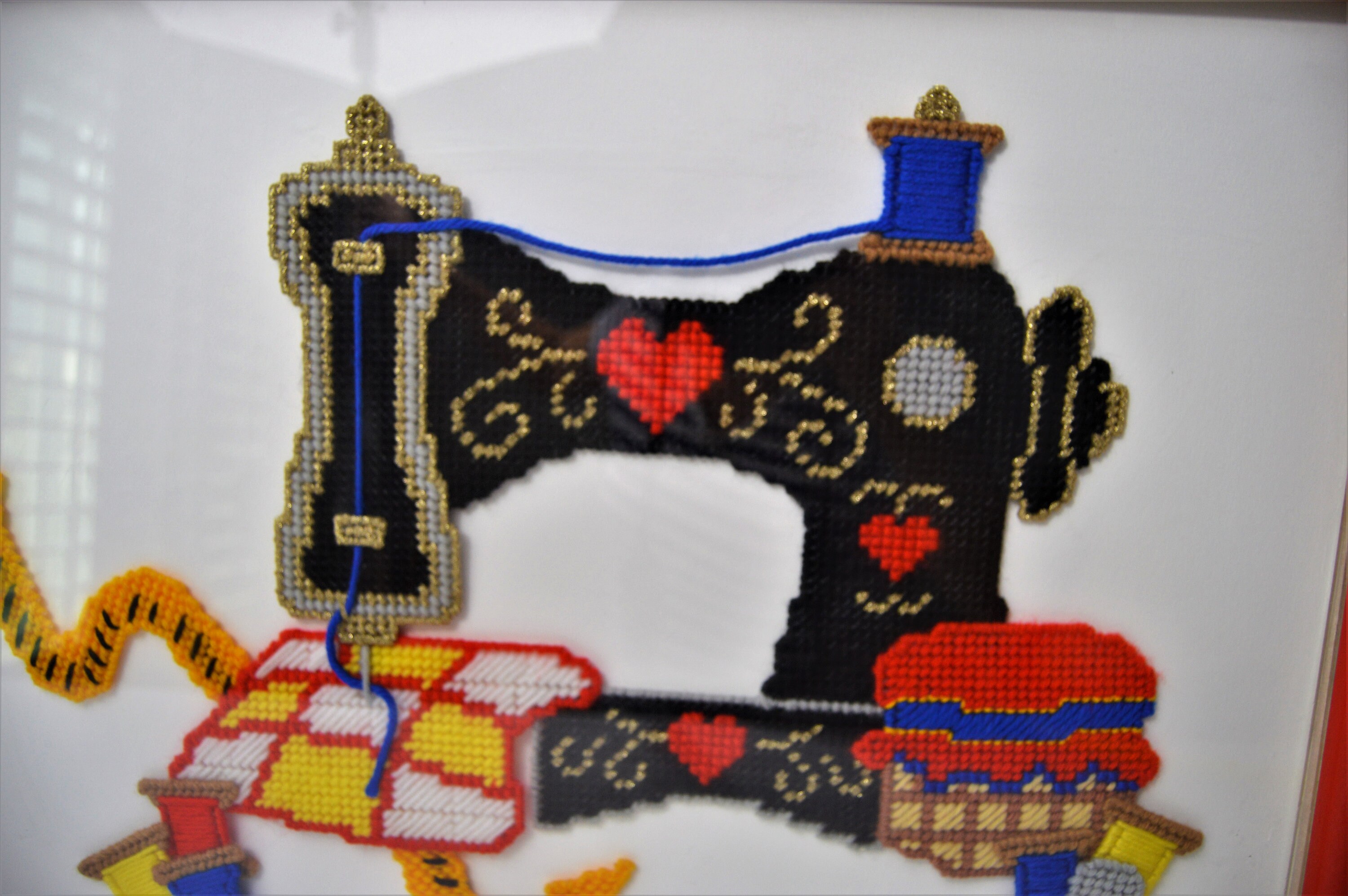 Singer Sewing Machine Finished Cross Stitch Red Framed Seamstress Wall