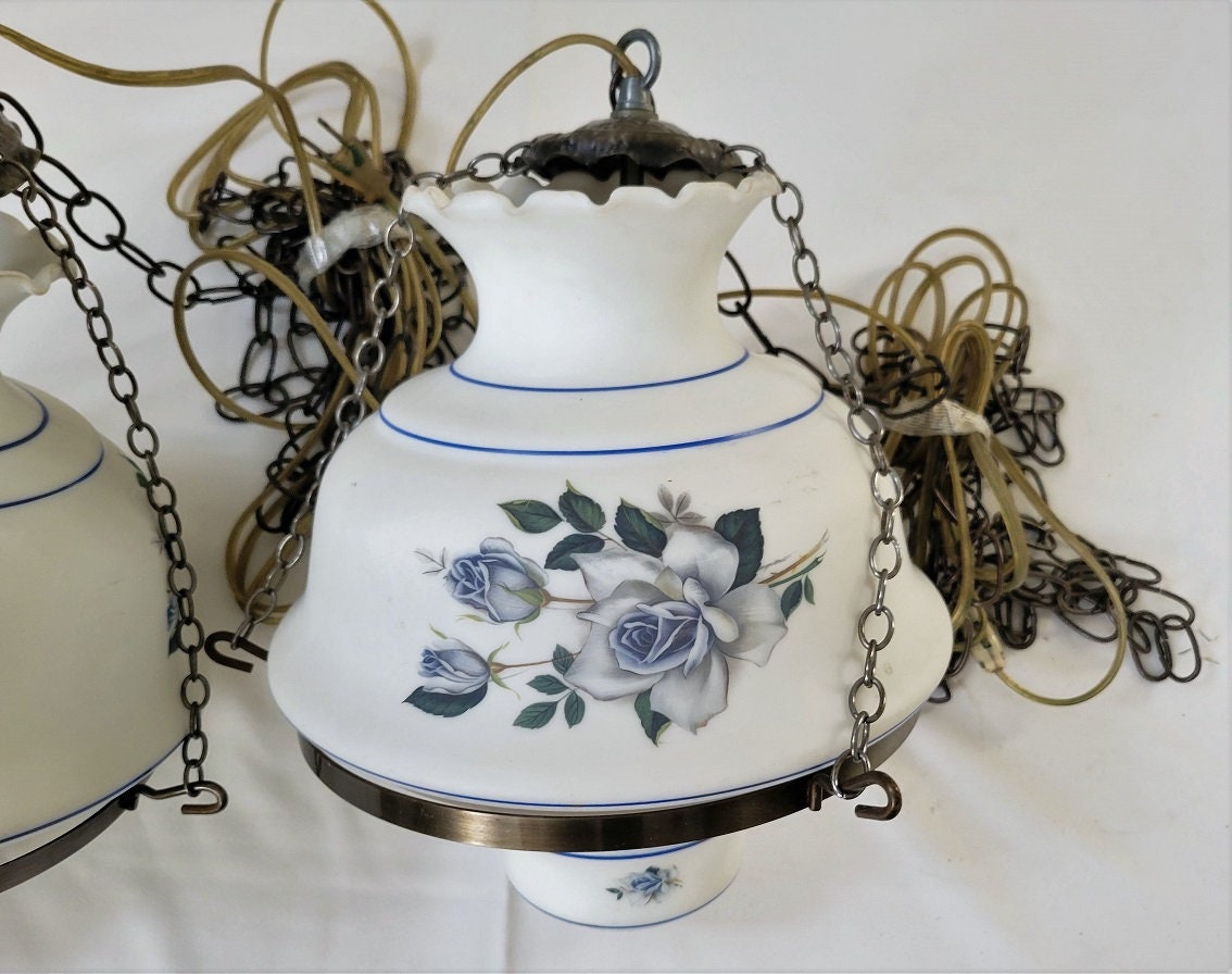 Vintage Large Hurricane Hanging Lamp Painted Blue Flower Milk Etsy