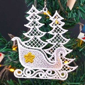 FSL そり飾り ゴールデンクリスマス - フリースタンディング レースマシン刺繍デザイン 即時ダウンロード 4x4 フープ APE3235-001