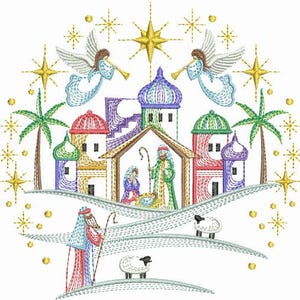 Navidad celestial, Natividad apacible, un paraíso invernal angelical - Diseños de bordado a máquina, descarga instantánea, bastidor 4x4, 5x5, 6x6, SCA0363-001