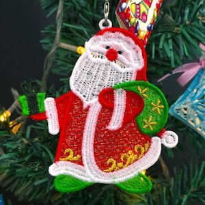 FSL Golden Christmas Santa Ornament - Free Standing Lace Machine Embroidery Designs Instant Download 4x4 hoop APE3220-006