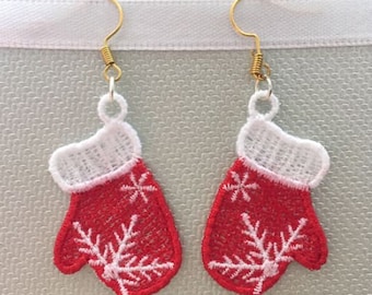 FSL Christmas Earrings, mitten - Free Standing Lace Machine Embroidery Designs Instant Download 4x4 hoop APE2831-003