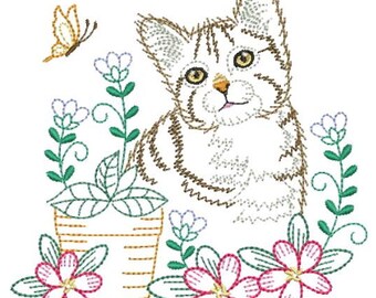 Vintage Garden Pals Cute Cat - Machine Embroidery Designs Instant Download 4x4 5x5 6x6 hoop APE2332-005