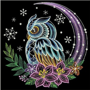 Moonlight Owl, Floral Night, Midnight Owl in Bloom - Machine Embroidery Designs Instant Download 4x4 5x5 6x6 hoop SCA0397-006