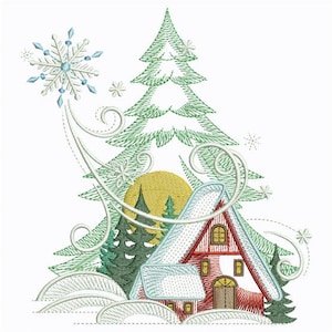 Winter Wonderland Retreat, Snowy Forest Haven, gezellige hut Hideawa - machineborduurontwerpen direct downloaden 5 x 5 6 x 6 8 x 8 hoepel SCA0012-007