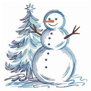 Winter Sketch Delight, Frosty Friend Scene, Holiday Blue Art - Disegni per ricamo a macchina Download immediato 4x4 5x5 6x6 telaio SCA1439-006