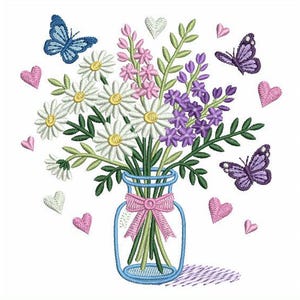 Vaso con bouquet primaverile, gioia floreale svolazzante, delizia del giardino - Disegni per ricamo a macchina, download immediato, telaio 4x4 SCA1022-010