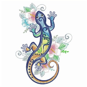 Colorful Gecko, Floral Lizard, Vibrant Creature - Machine Embroidery Designs Instant Download 5x5 6x6 8x8 hoop SCA0031-004