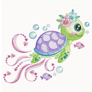 Corona de Tortuga Verde, Burbuja de Felicidad, Serenidad Submarina - Diseños de Bordado a Máquina, Descarga Instantánea, Bastidor de 5x5, 6x6, 8x8, SCA0018-008