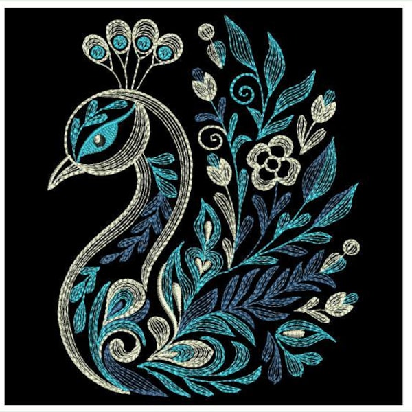 Blue Peacock, Green Leaves, Floral Beauty, Colorful Bird in Natur - Machine Embroidery Designs Instant Download 4x4 5x5 6x6 hoop SCA0062-009