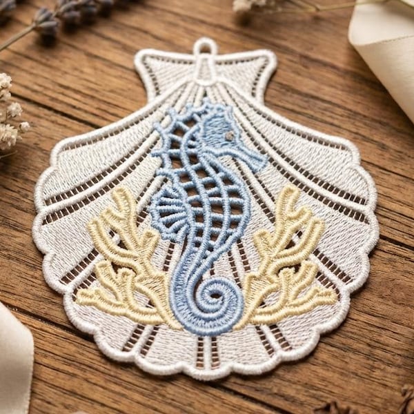FSL Shell, Marine Elegance, Seahorse - Free Standing Lace Machine Embroidery Designs Instant Download 4x4 hoop SCA0205-006