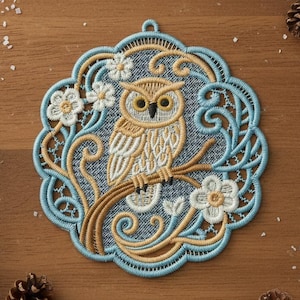 FSL Owl, Golden Perch - Free Standing Lace Machine Embroidery Designs Instant Download 4x4-hoop SCA0254-004