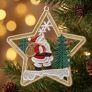 FSL Festive Star, Santa Delight, Holiday Star Ornament - Free Standing Lace Machine Embroidery Designs Instant Download 4x4 hoop SCA0201-003