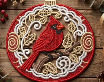 FSL Cardinal Ornament - Free Standing Lace Machine Embroidery Designs Instant Download 5x5 hoop SCA0266-004