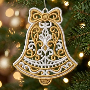 FSL gouden bel, feestelijke bel, elegante strik - vrijstaande kant machineborduurontwerpen Instant Download 5 x 5 hoepel SCA1238-007