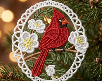 FSL Cardinal's Haven, Floral Perch - Free Standing Lace Machine Embroidery Designs Instant Download 5x5 hoop SCA0226-007