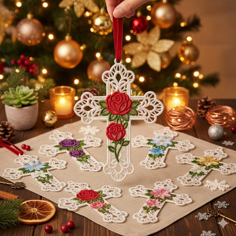 FSL Rose Adorned Cross - Free Standing Lace Machine Embroidery Designs ...