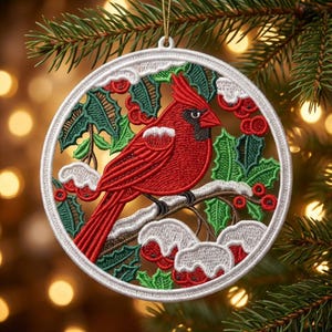 FSL Cardinal, Red Bird Holly Branch, Christmas - Free Standing Lace Machine Embroidery Designs Instant Download 5x5 hoop SCA0226-006