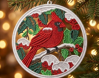 Cardinal FSL, branche de houx oiseau rouge, Noël - motifs de broderie Machine dentelle sur pied gratuits téléchargement immédiat cerceau 5 x 5 SCA0226-006