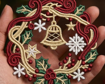FSL Festive Wreath, Jingle Bells, Holly and Bells - Free Standing Lace Machine Embroidery Designs Instant Download 4x4 hoop SCA0258-004