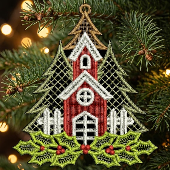 FSL Red Church, Holly Fence, Festive Winter Scene - Free Standing