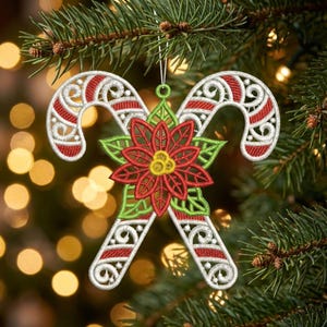 FSL Candy Cane Delight, Festive Poinsettia, Holida - Free Standing Lace Machine Embroidery Designs Instant Download 5x5 hoop SCA1230-008