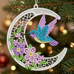 三日月形の鳥、花のハーモニー、穏やかな自然 - フリースタンド式レースマシン刺繍デザイン、即時ダウンロード 4x4 フープ SCA0252-007