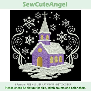 Puede incluir: Un diseño bordado con una iglesia morada con tejado nevado y una cruz, rodeada de copos de nieve y espirales decorativas, sobre un fondo negro. El texto "SewCuteAngel" está en la parte superior.