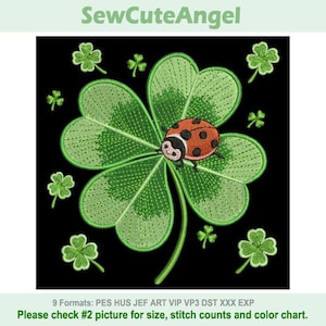Puede incluir: Diseño bordado con un trébol verde grande con una mariquita y tréboles más pequeños sobre un fondo negro. El texto "SewCuteAngel" está en la parte superior. El texto en la parte inferior dice "9 Formatos: PES HUS JEF ART VIP VP3 DST XXX EXP Por favor, compruebe la imagen nº 2 para ver el tamaño, el recuento de puntadas y la tabla de colores."