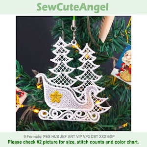FSL Sleigh Ornament Golden Christmas - Free Standing Lace Machine Embroidery Designs Instant Download 4x4 hoop APE3235-001