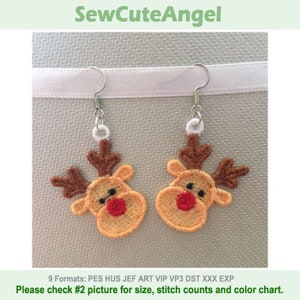 FSL Christmas Earrings Reindeer - Free Standing Lace Machine Embroidery Designs Instant Download 4x4 hoop APE2831-006