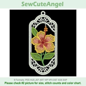 May include: Embroidered design featuring a yellow and red hibiscus flower with green leaves, framed within a white, ornate, openwork border. The design includes the text "SewCuteAngel" at the top and information about formats and a request to check the second picture for details.