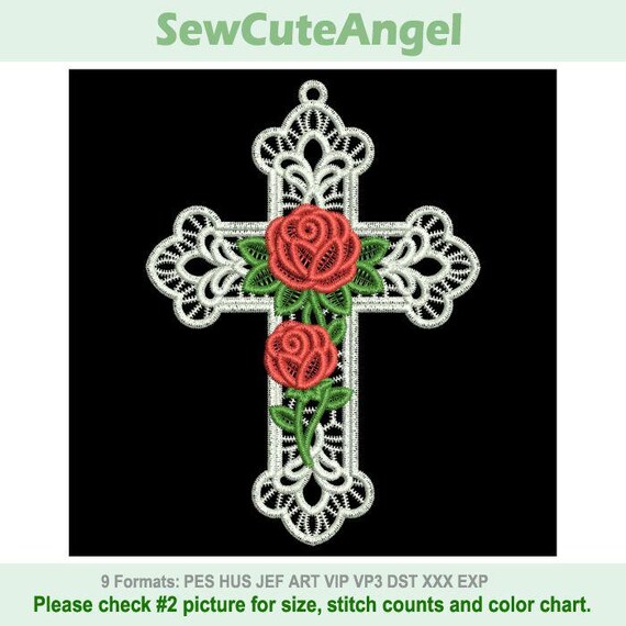 FSL Rose Adorned Cross - Free Standing Lace Machine Embroidery