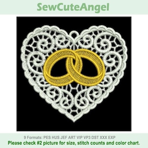 May include: An embroidery design featuring a white lace-style heart with intricate scrollwork patterns. Two interlocking gold rings are centered within the heart. The text SewCuteAngel appears at the top, and 9 Formats: PES HUS JEF ART VIP VP3 DST XXX EXP appears at the bottom.
