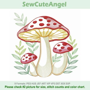Red Spotted Fungi, Green Leaf Mushroom, Forest Floor Treasure - Machine Embroidery Designs Instant Download 4x4 5x5 6x6 hoop SCA0357-002