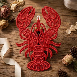 Langosta rubí, cola de diamante, crustáceo carmesí - Diseños de bordado a máquina de encaje independiente, descarga instantánea, bastidor de 5x5, SCA0227-007