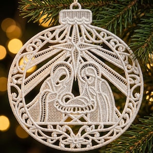 FSL Nativity, Holy Family, Holy Christmas Ornament - Free Standing Lace Machine Embroidery Designs Instant Download 5x5 hoop SCA0225-005