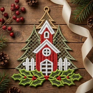 FSL Red Church, Holly Fence, Festive Winter Scene - Free Standing Lace Machine Embroidery Designs Instant Download 5x5 hoop SCA1230-003