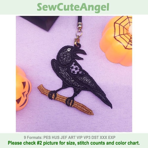 Crow FSL Halloween Ornament - Free Standing Lace Machine Embroidery Designs Instant Download 4x4 hoop APE3211-006