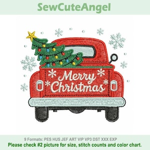 May include: A red vintage truck embroidered with a Christmas tree and the words "Merry Christmas." The tree is decorated with colorful lights and topped with a gold star. Snowflakes are scattered around the truck.