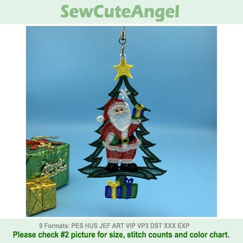 FSL Christmas Tree, Santa Ornament, Joyful Christmas - Free Standing Lace Machine Embroidery Designs Instant Download 5x7 hoop SCA0234-001