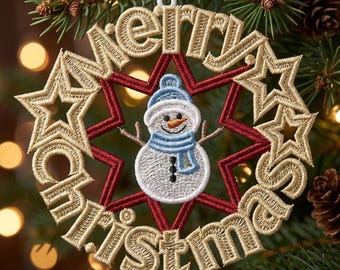 FSL Merry Christmas, Snowman, Winter Wonderland - Free Standing Lace Machine Embroidery Designs Instant Download 5x5 hoop SCA0226-001