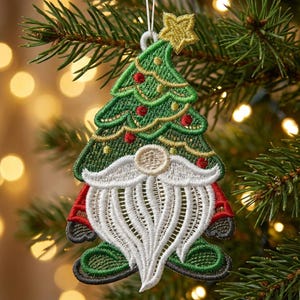 FSL Christmas Gnome Ornament - Free Standing Lace Machine Embroidery Designs Instant Download 4x4 hoop SCA0203-007