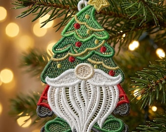 FSL Christmas Gnome Ornament - Free Standing Lace Machine Embroidery Designs Instant Download 4x4 hoop SCA0203-007