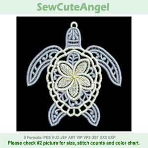 May include: An embroidered sea turtle design in white and light blue, featuring a flower in the center. The design has a detailed, openwork pattern. The text "SewCuteAngel" is at the top. The bottom text says "9 Formats: PES HUS JEF ART VIP VP3 DST XXX EXP Please check #2 picture for size, stitch counts and color chart."