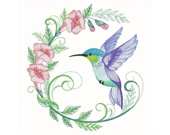 Colibrí en flor - Diseños de bordado de máquina Descarga instantánea 5x5 6x6 8x8 aro APE3466-007