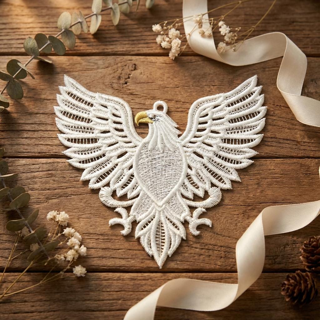 03064● CALEE EAGLE EMBROIDERY S/S FSL Eagle, Winged Majesty, Flight of Wisdom - Free Standing Lace