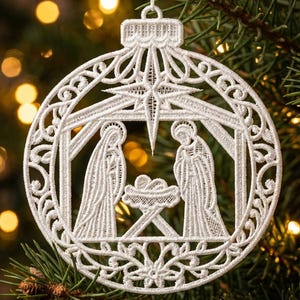 FSL Nativity Scene Ornament, Christmas Ornament - Free Standing Lace Machine Embroidery Designs Instant Download 5x5 hoop SCA0225-003