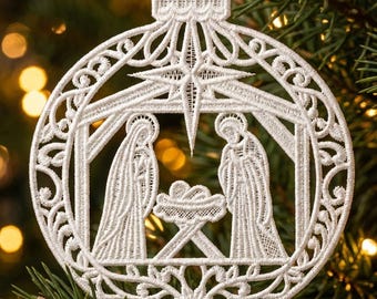 FSL Nativity Scene Ornament, Christmas Ornament - Free Standing Lace Machine Embroidery Designs Instant Download 5x5 hoop SCA0225-003