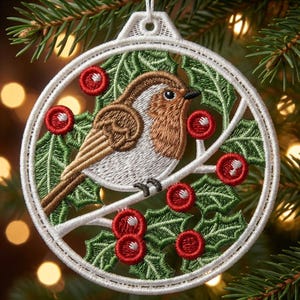 FSL Robin, adorno navideño, plumas carmesí - Diseños de bordado a máquina de encaje independiente, descarga instantánea, bastidor de 4x4, SCA0214-005